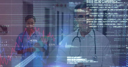 Image of data processing over caucasian male doctor with nurse smiling. Global medicine and digital...