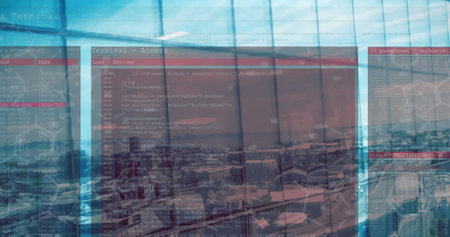 Image of financial data processing over cityscape. Global business and digital interface concept...