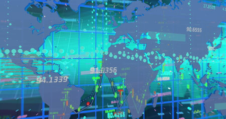 Image of data processing over blue background. Global business and digital interface concept digitally generated image.の写真素材