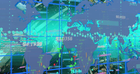 Image of financial data over world map on blue background. Global finance and economy concept...
