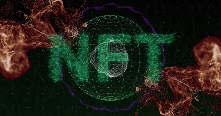 Image of connections, waves and nft on black background. Connections, network, data processing,...