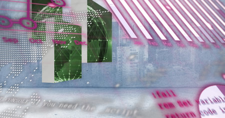 Image of financial data processing over two dice and american dollar bills. Global business data...