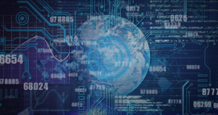 Image of changing numbers and microprocessor connections over globe against blue background. Global networking and business technology conceptの写真素材