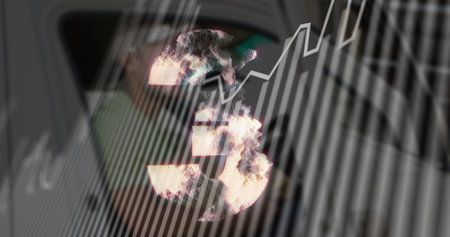 Image of lines and numbers over blurred caucasian man in car. Global delivery services, connections...