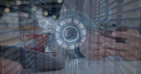 Image of processing circles over hands of caucasian people using smartphones. Business, wireless payments, finance and transaction safety concept digitally generated image.の写真素材