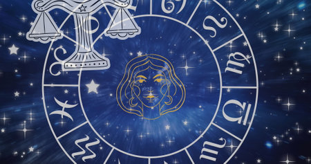 Image of horoscope symbols over stars on blue background. Horoscope and digital interface concept digitally generated image.の写真素材