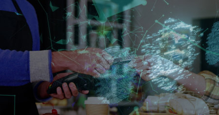 Image of digital padlock and fingerprint over hands of caucasian people using payment terminal....