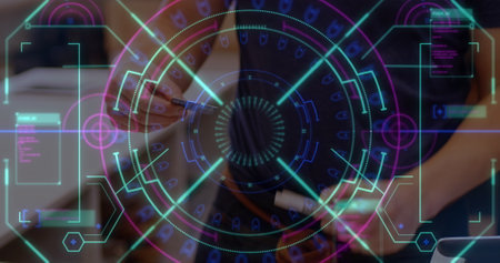 Image of digital screen over hands of caucasian people using payment terminal. Business, wireless payments, finance and transaction safety concept digitally generated image.の写真素材