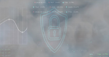 Security padlock icon and stock market data processing against clouds in the sky. Global economy and cyber security technology conceptの写真素材
