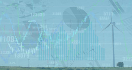 Image of financial data and graphs over landscape with wind turbines. Eco power, green energy,...
