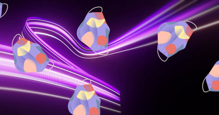 Image of face masks over light trails. Social media and digital interface concept digitally...