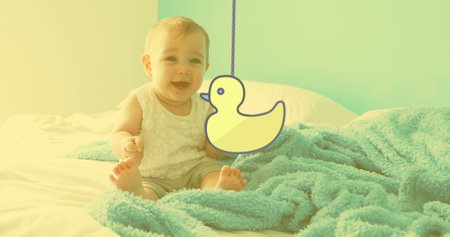 Image of duck over happy caucasian happy baby. National learning and development month concept digitally generated image.の写真素材