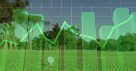 Image of statistical data processing over mid section of a man playing golf at golf course. Global economy and sports conceptの写真素材
