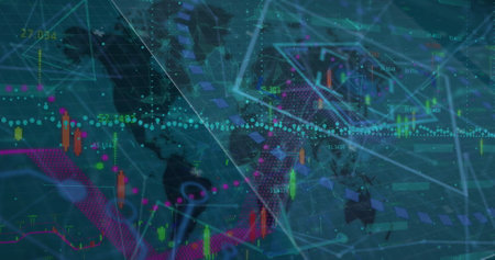 Image of financial data processing and plexus networks over world map against blue background. Global networking and business technology conceptの写真素材