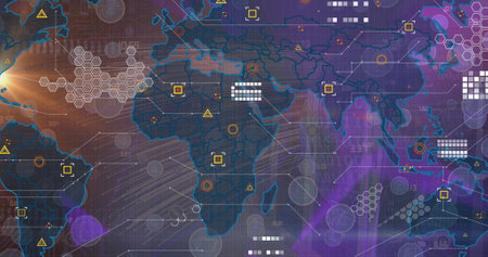 Image of icons, data and world map on violet background. Network, data processing, communication and...