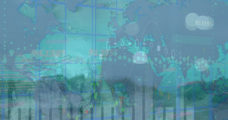 Image of data processing over landscape. Global business and digital interface concept digitally generated image.の写真素材