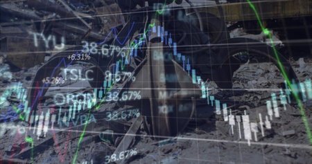 Image of data processing over rubbish dump. Global business and digital interface concept digitally...