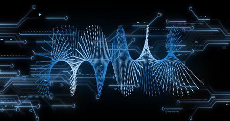 Image of medical data processing over dark background. Global medicine, technology, data processing...