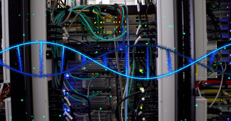 Image of medical data processing over server room. Global medicine, technology, data processing and...