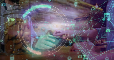Image of scope scanning and network of connections over diverse people paying with smartphone....