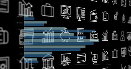 Image of financial icons and graphs on black background. Global economy, finance and technology concept digitally generated image.の写真素材