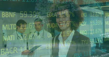 Image of financial data processing over diverse doctors. Global medicine, finances and digital...