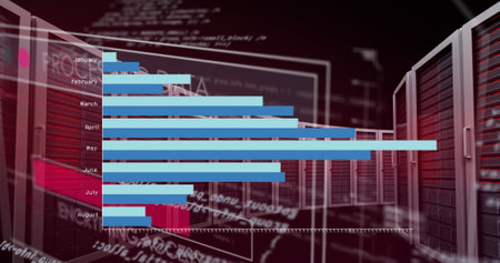 Image of data processing and servers over black background. Global business and digital interface...