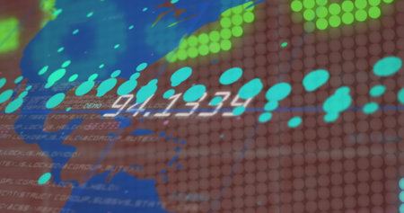 Image of world map and financial data over brown background. Global business, finance, money and...