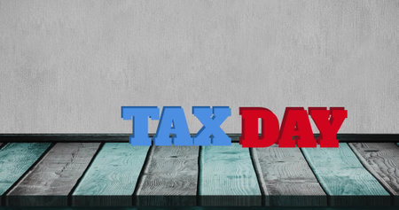 Image of tax day text over gray background. Global business and digital interface concept digitally...