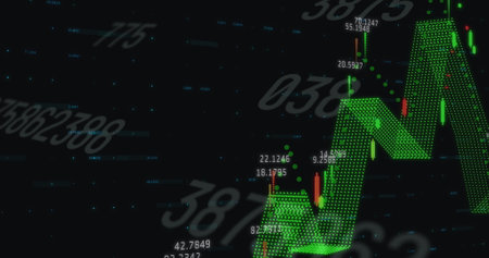 Image of numbers and graphs over black background. Finance, data processing and technology concept digitally generated image.の写真素材