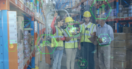 Image of icons in hexagons over diverse female and male warehouse workers. Business, finance,...