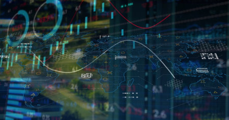 Image of financial data over world map and diverse data. Global business, finance, money and economy...