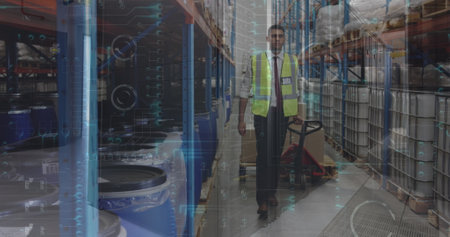 Image of data processing over caucasian woman in server room. Global shipping and connections...