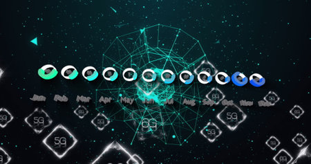 Image of graphs, icons, 6g, connections on black background. Network, data processing, communication...