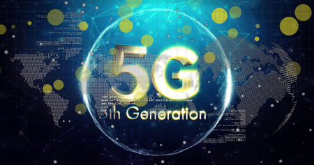 Image of 5th generation and globe over world map and black background. Network, communication and...