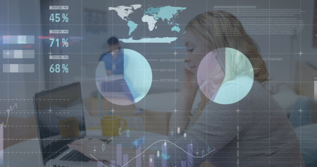 Image of financial data processing over businesswomen using smartphone. Global business, finances,...