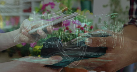 Image of digital interface over people using payment terminal. Global business, finances, data...
