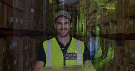 Image of globe over happy caucasian warehouse worker. Business, finance, technology and delivery services concept digitally generated image.の写真素材