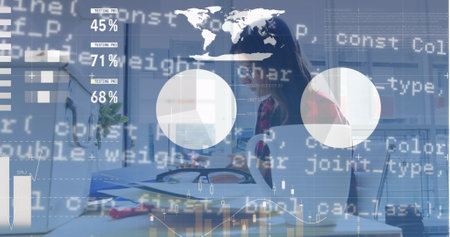 Image of data processing over caucasian businesswoman at office. Global business, computing and...