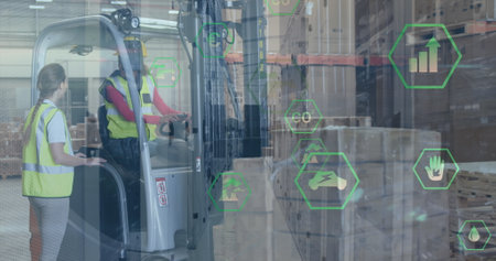 Image of tech icons in hexagons over caucasian female and male warehouse workers. Business, finance, technology and delivery services concept digitally generated image.の写真素材