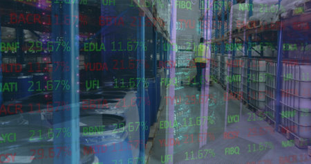 Image of financial data over back view of male warehouse worker. Business, finance, technology and delivery services concept digitally generated image.の写真素材