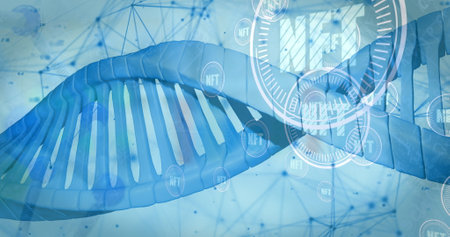 Image of nft, dna and connections on light blue background. Science, laboratory, health and medicine...