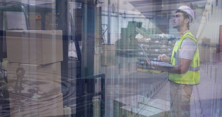 Image of statistics and financial data processing over man using smartphone. Global business...