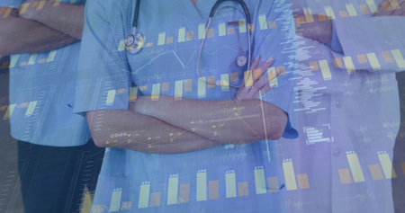 Image of financial data processing over diverse doctors. Global medicine, finances and digital interface concept digitally generated image.の写真素材