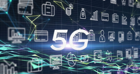 Image of falling icons and 5g text over dark background. Global business, finances, data processing...