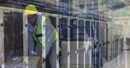 Image of shapes over caucasian male warehouse worker and servers. Business, finance, technology and...