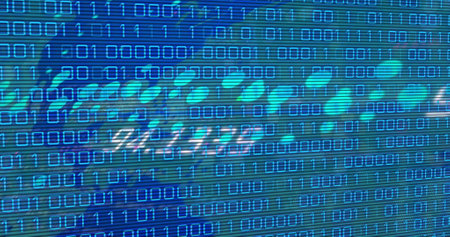 Image of data processing and binary coding over world map on blue background. Global communication,...