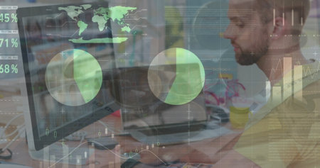 Image of data processing over caucasian businessman at office. Global business, computing and...