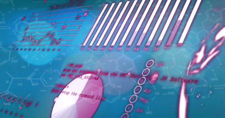 Image of graphs and chemical formulas over world map and green background. Finance, economy, science...