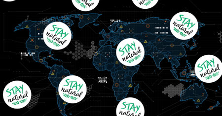 Image of stay natural in circles falling over world map with icons. Eco awareness, taking care of...